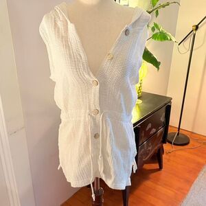 Vtg White Knit Beach Cover Up Button Closure Cotton Size S
